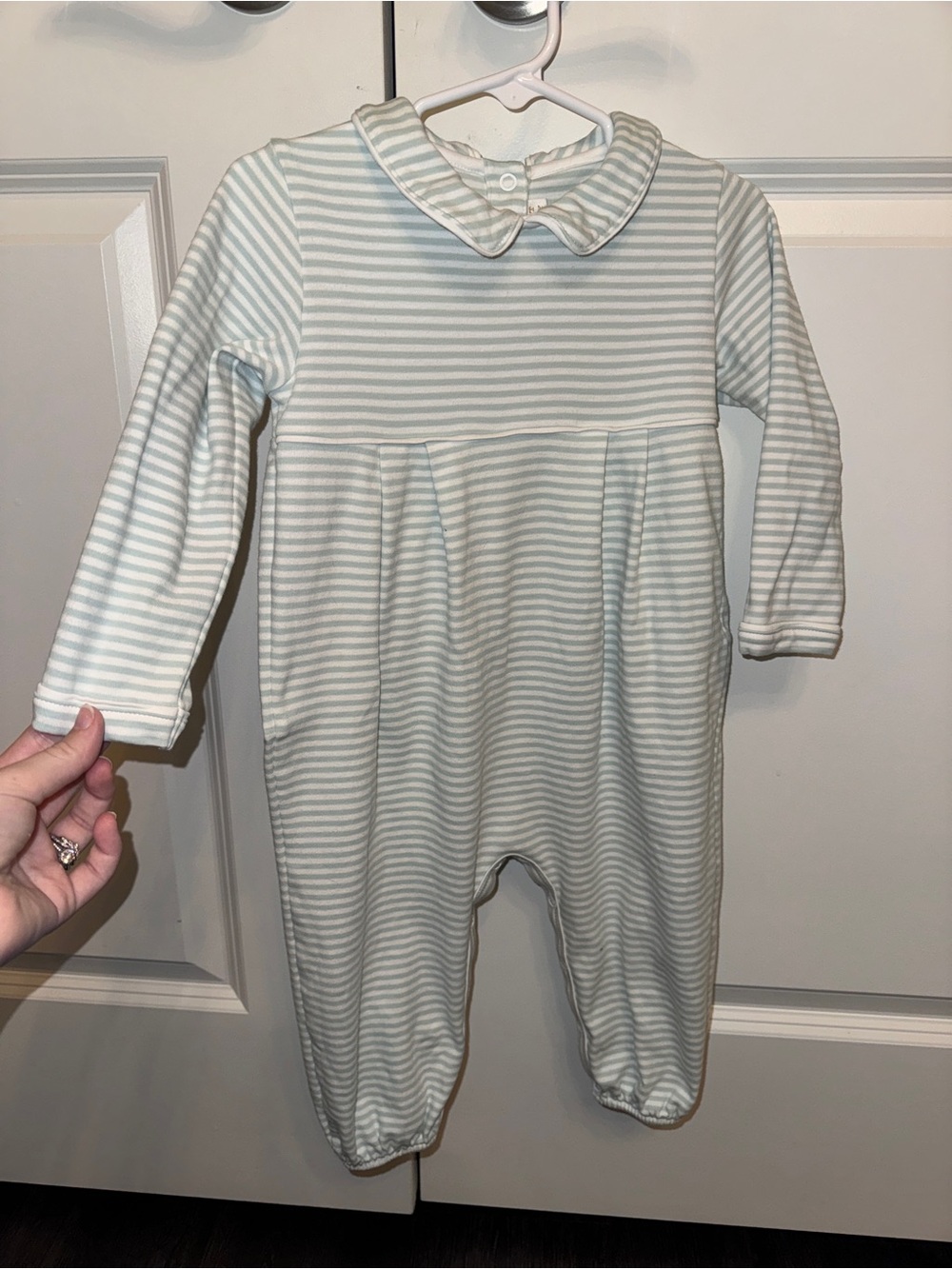 Striped Green Toddlee One-Piece with Peter Pan Collar Beaufort Bonnet Like New